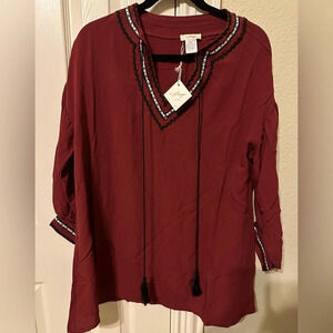 Bohemian crimson top with 3/4 sleeves.  New with tag